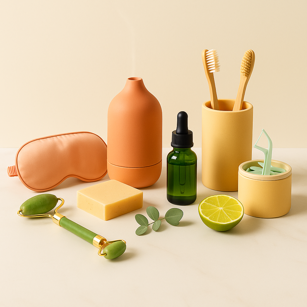 Clean health and beauty products on a sunlit wooden table, including amber dropper bottles, a supplement jar, green tablets, a jade roller, and a glass jar, with potted plants and linen curtains in the background.