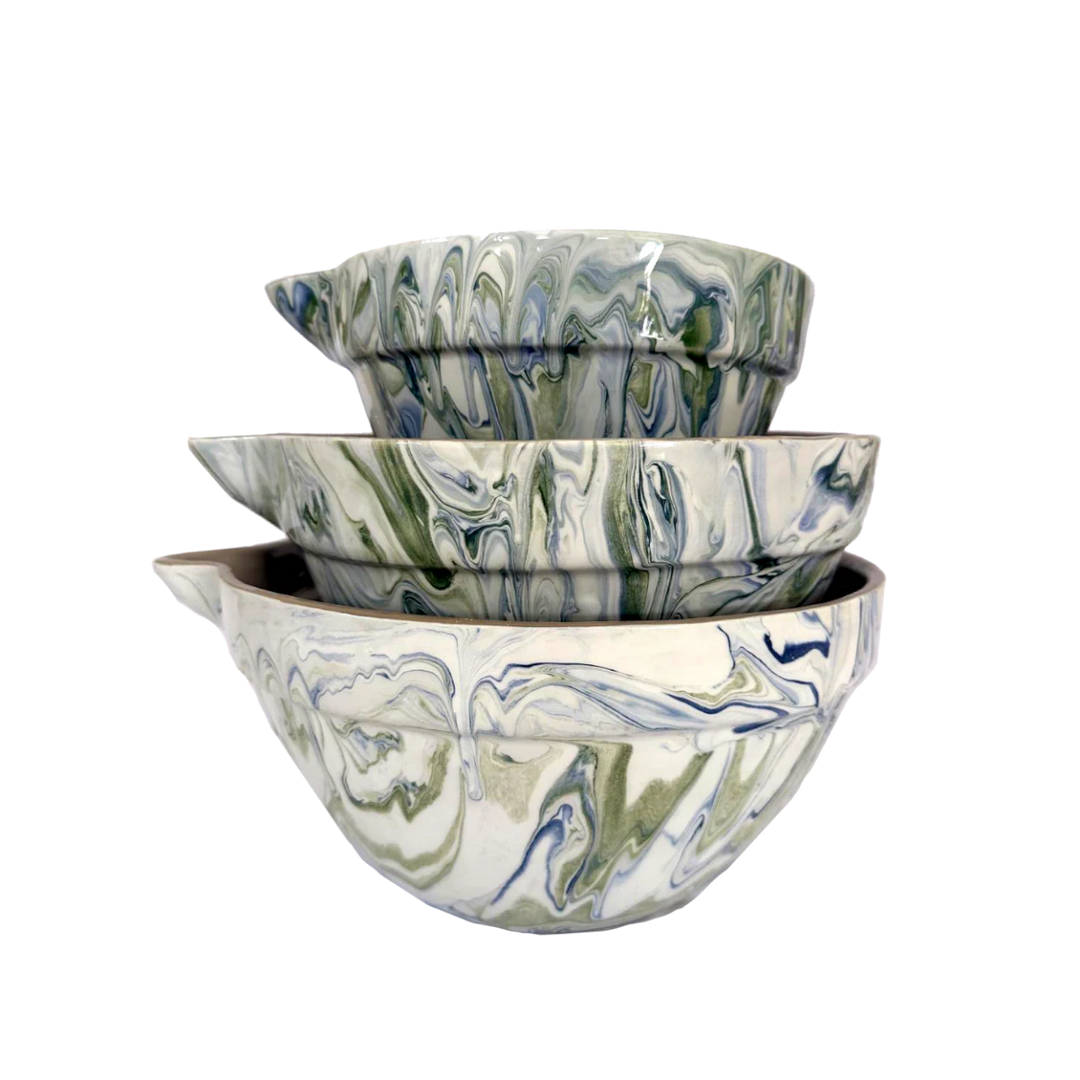 Handcrafted Marbled Ceramic Mixing Bowls, Ocean, 3 Ct.
