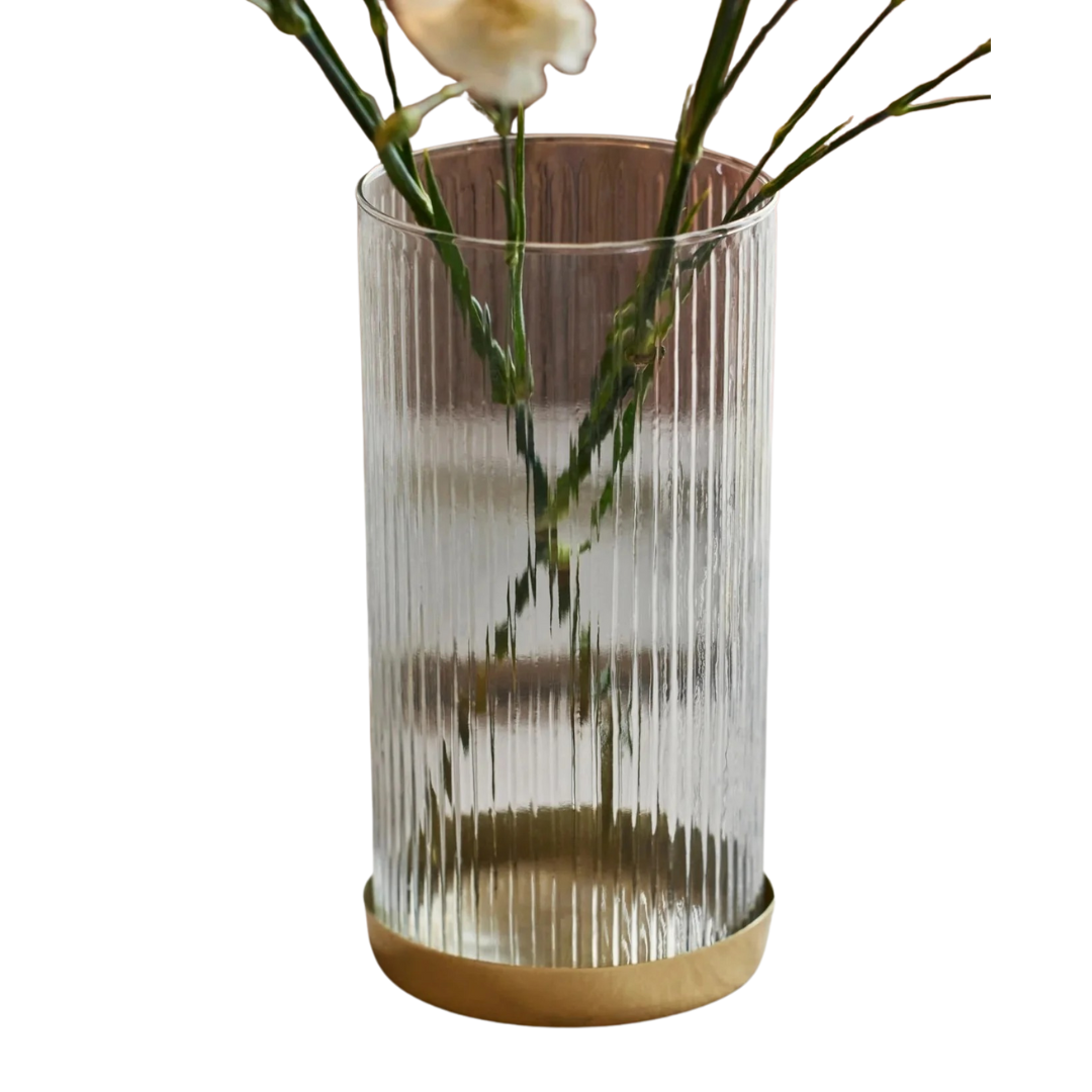 Handcrafted Fluted Glass Vase, Gold Base, Tall