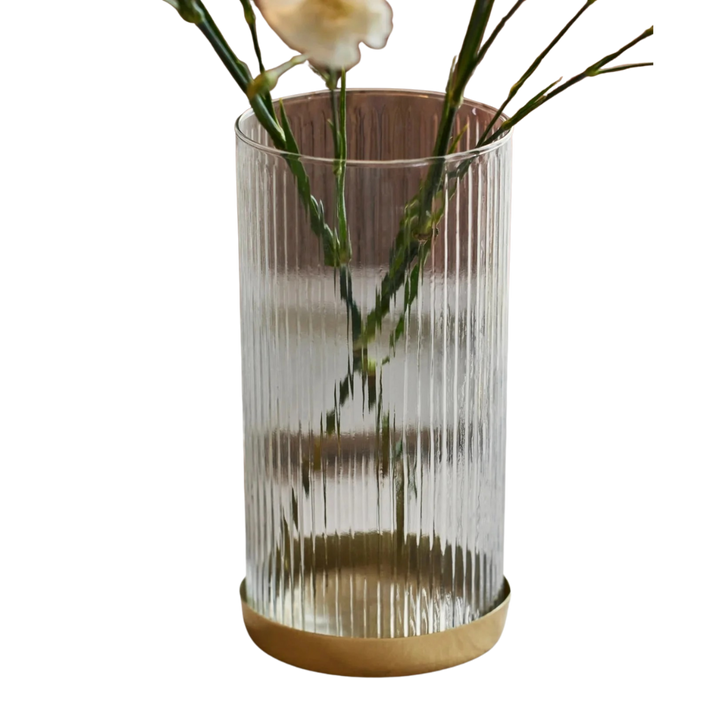 Handcrafted Fluted Glass Vase, Gold Base, Tall