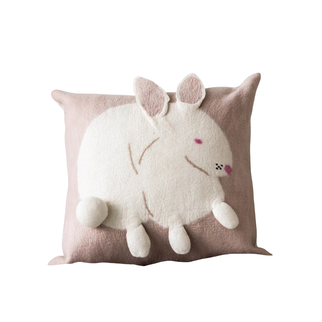 Handcrafted Wool Felt Bunny Throw Pillow, Blush