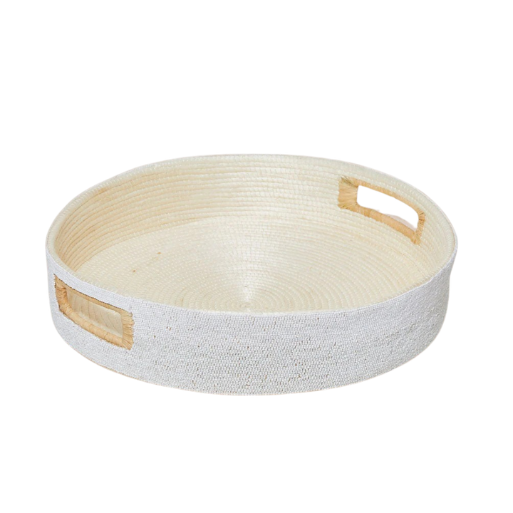 Handcrafted Beaded Raffia Serving Tray, 16" White