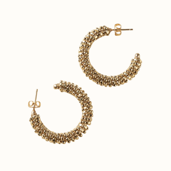 Handcrafted Brass Beaded Hoop Earrings, Gold Finish