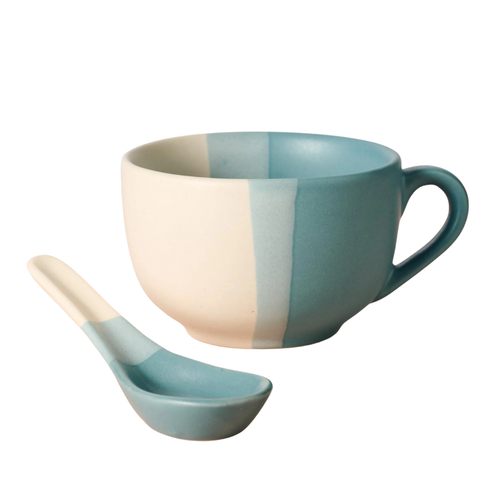 Handcrafted Striped Ceramic Mug with Spoon, 20 oz.