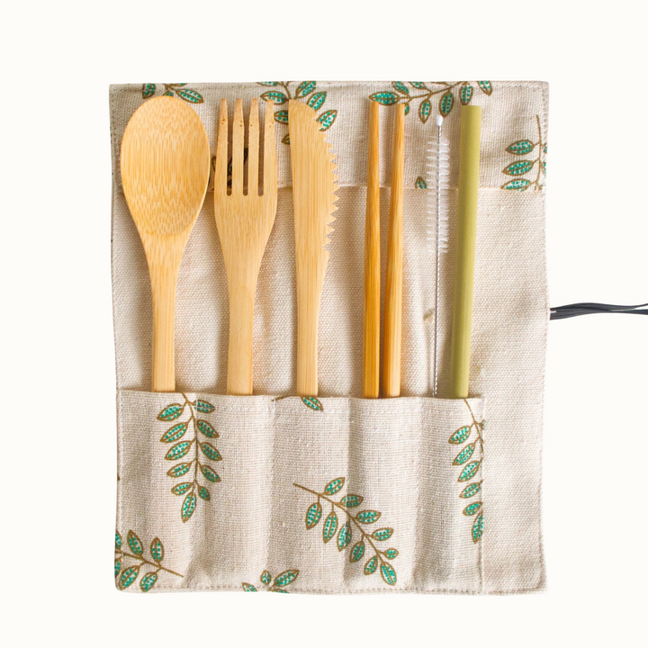 Compostable Bamboo Flatware Set with Cotton Pouch