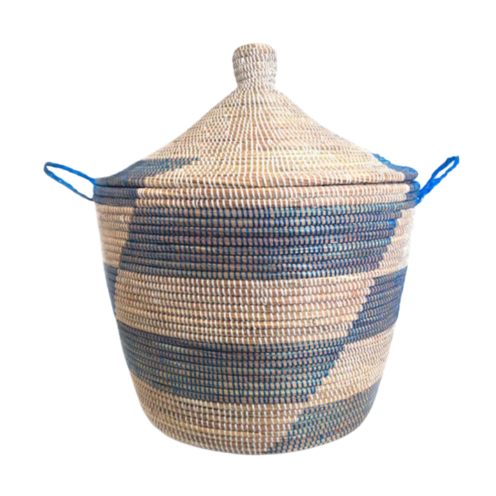 Handwoven Millet Grass Storage Basket, Blue Stripe