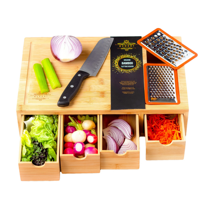 Bamboo Cutting Board with 4 Trays &amp; 2 Graters