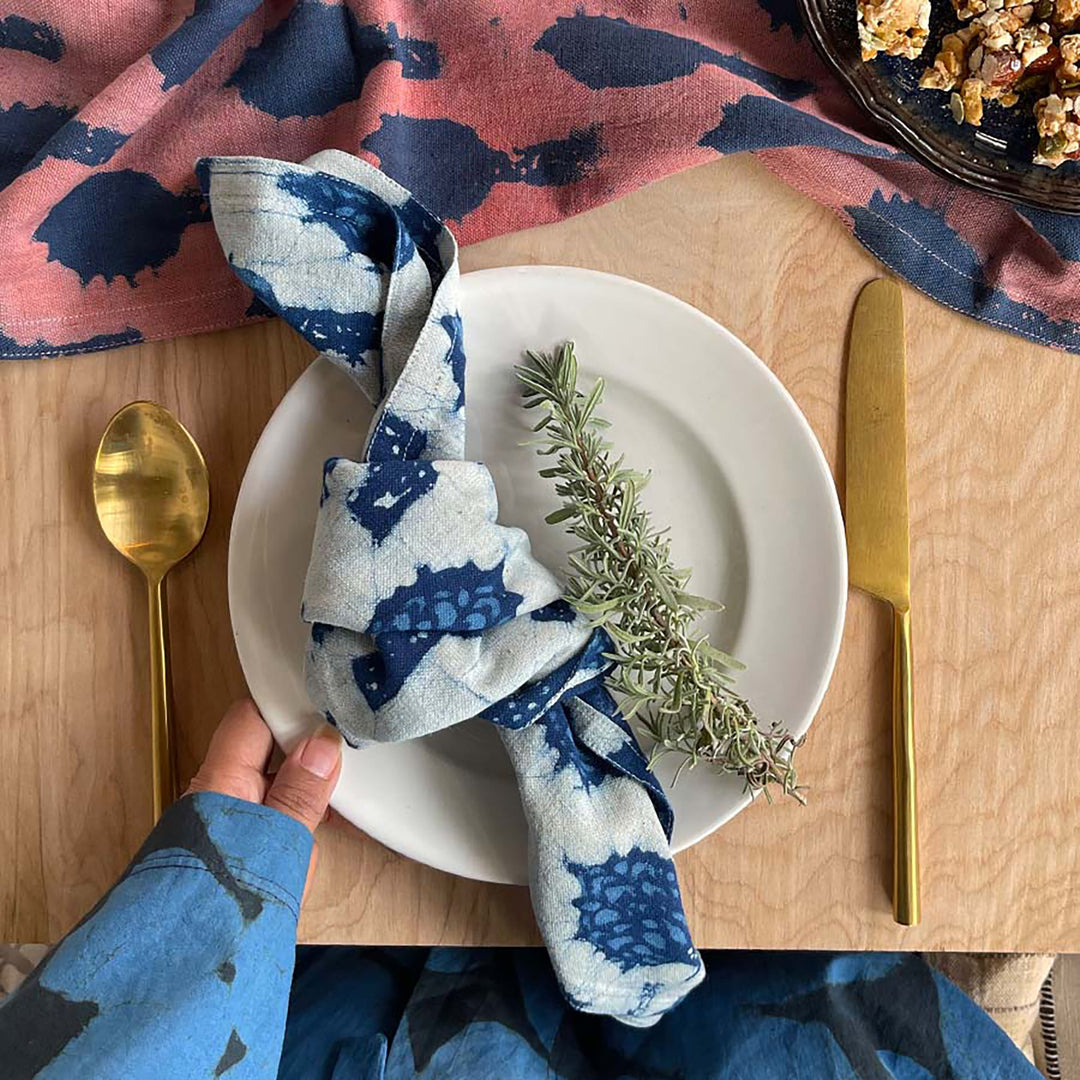 Organic Hand Block Printed Cotton Table Napkins, Indigo, 4 Ct.