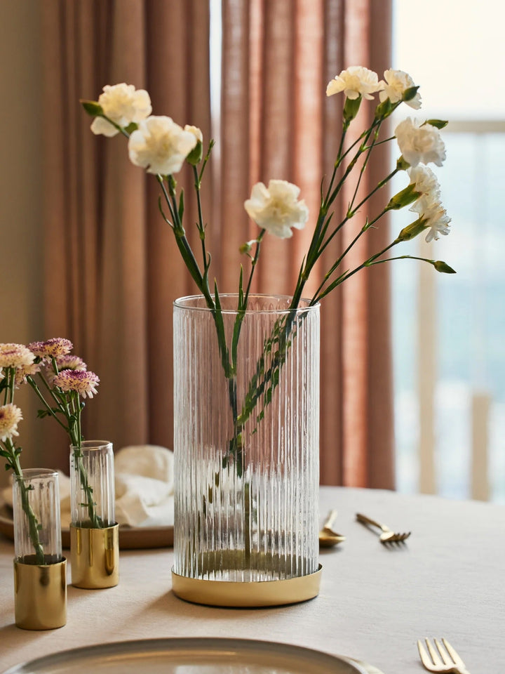 Handcrafted Fluted Glass Vase, Gold Base, Tall