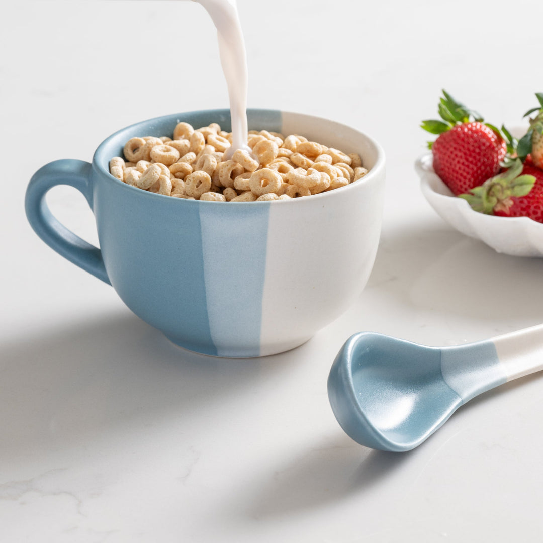 Handcrafted Striped Ceramic Mug with Spoon, 20 oz.