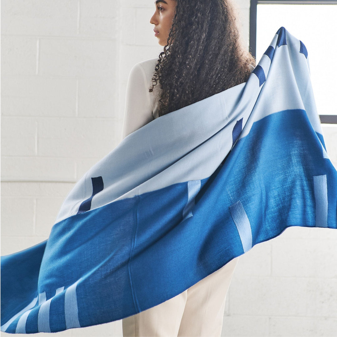 Handcrafted Wool Silk Scarf, Ombre Harbor Blue, 28" x 80"
