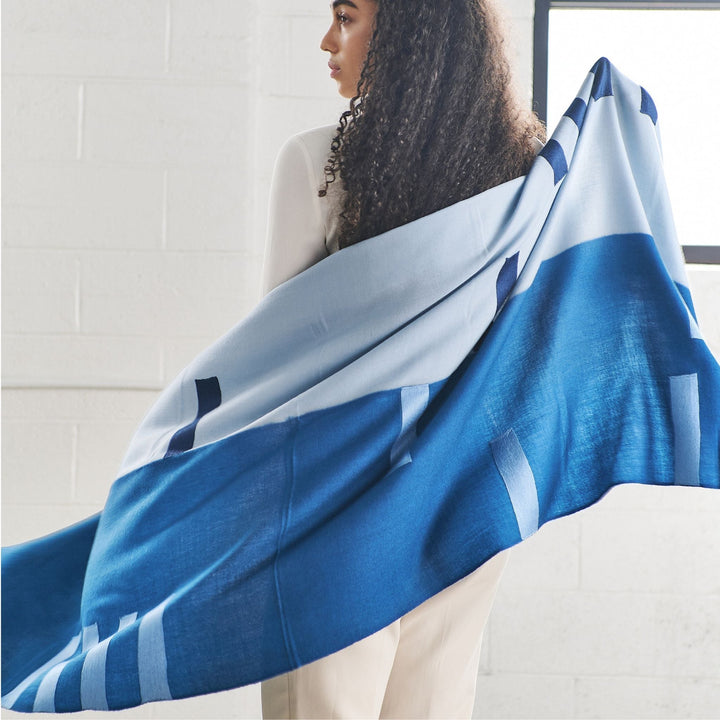 Handcrafted Wool Silk Scarf, Ombre Harbor Blue, 28" x 80"