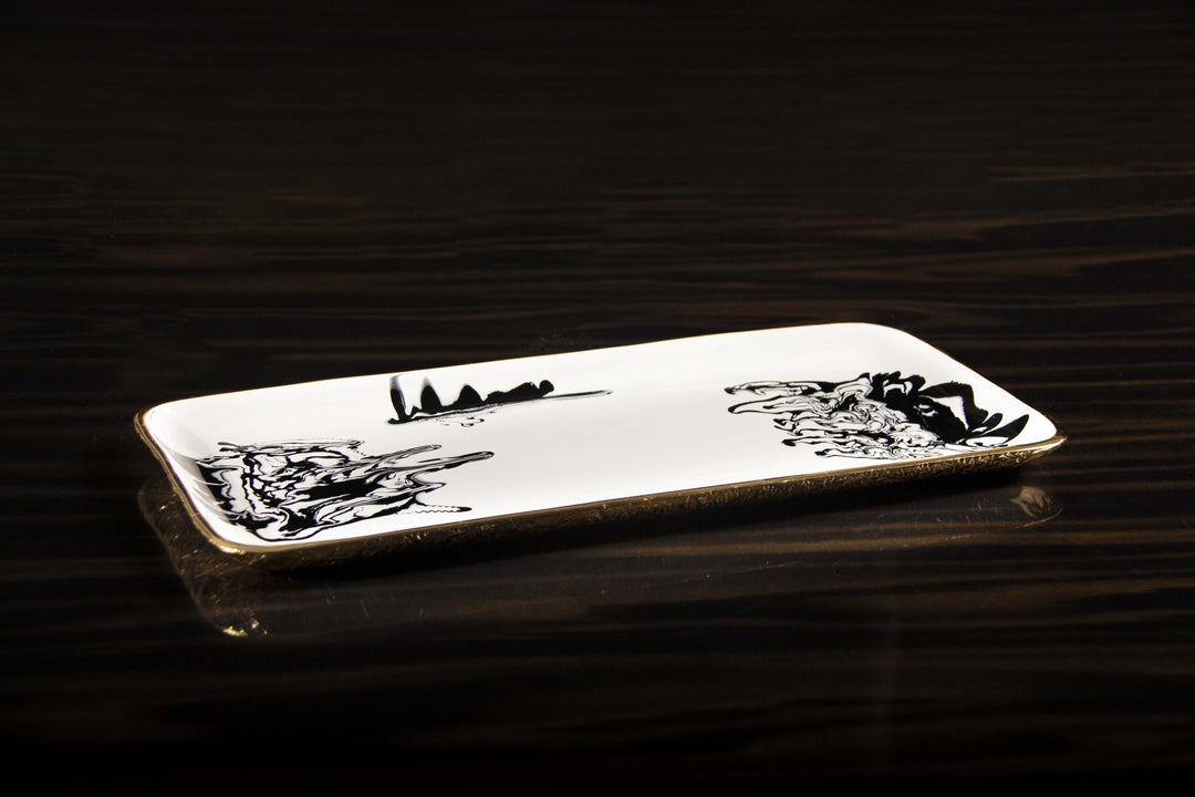 Handcrafted Gold-Plated Enamel Serving Tray, Black &amp; White
