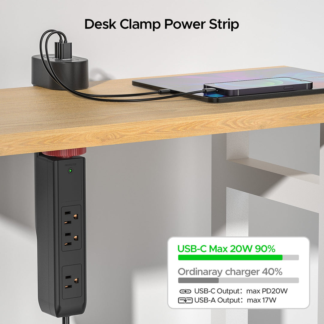 Desk Clamp Surge Protector, USB-C, 6 Ft. Cord