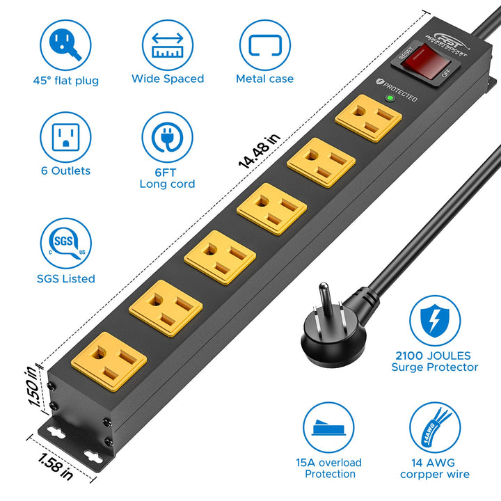 Recycled Aluminum Surge Protector Strip, 6-Outlet 6Ft