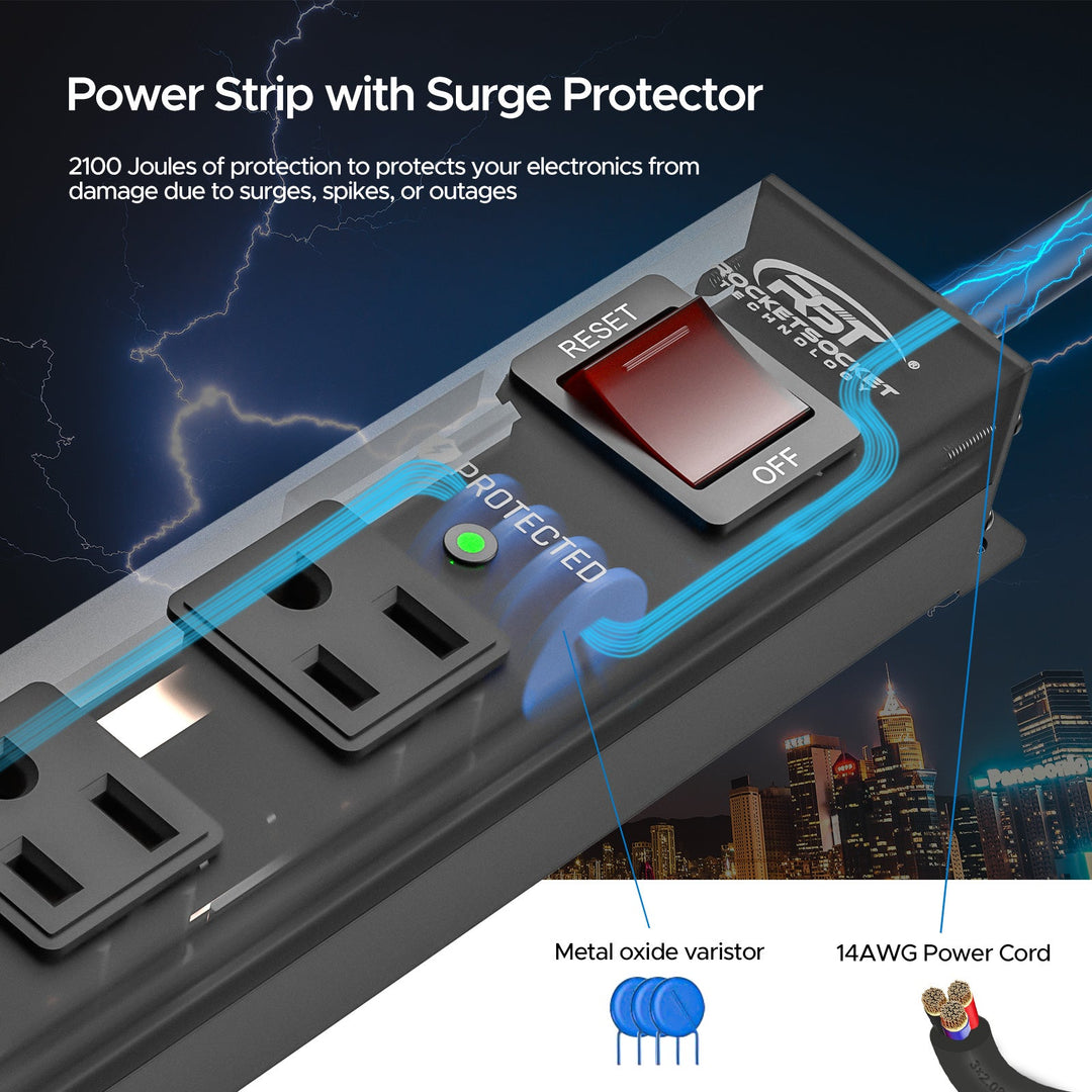 Recycled Aluminum Surge Protector Strip, 6-Outlet 6Ft
