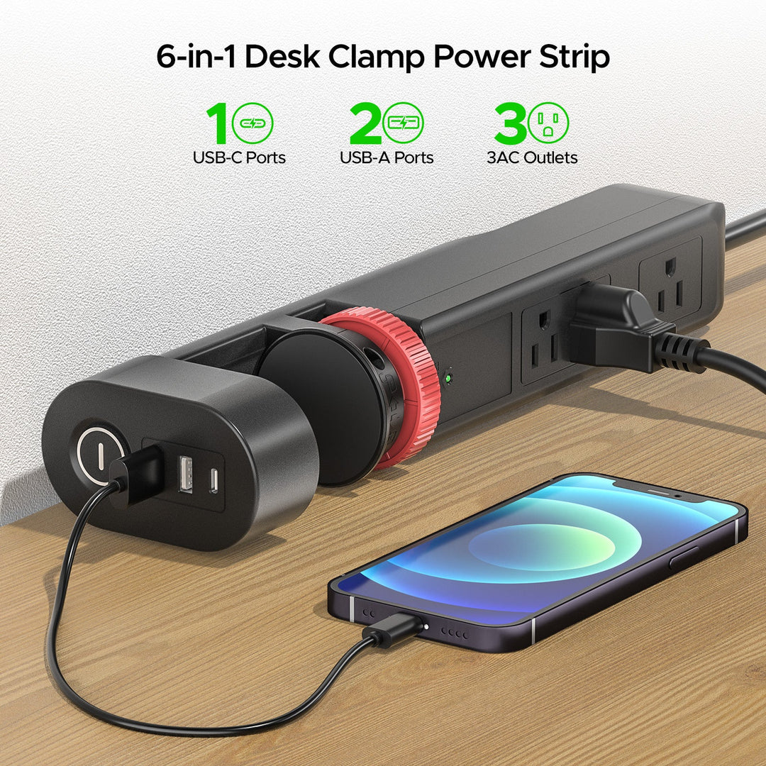 Desk Clamp Surge Protector, USB-C, 6 Ft. Cord