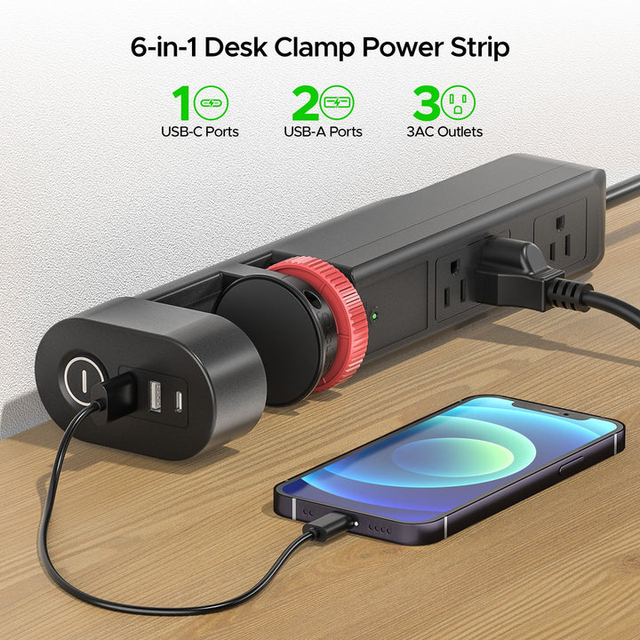 Desk Clamp Surge Protector, USB-C, 6 Ft. Cord