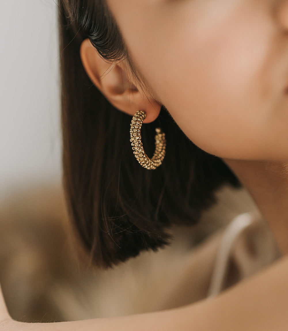 Handcrafted Brass Beaded Hoop Earrings, Gold Finish