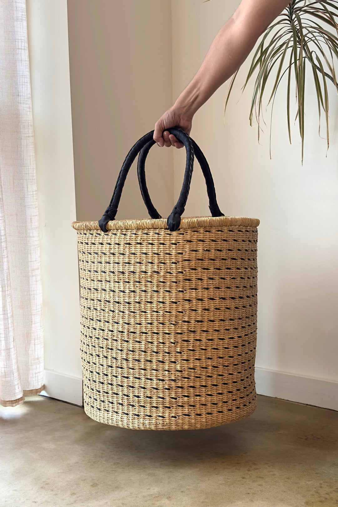 Handcrafted Raffia Laundry Hamper, Natural, 15" x 18"