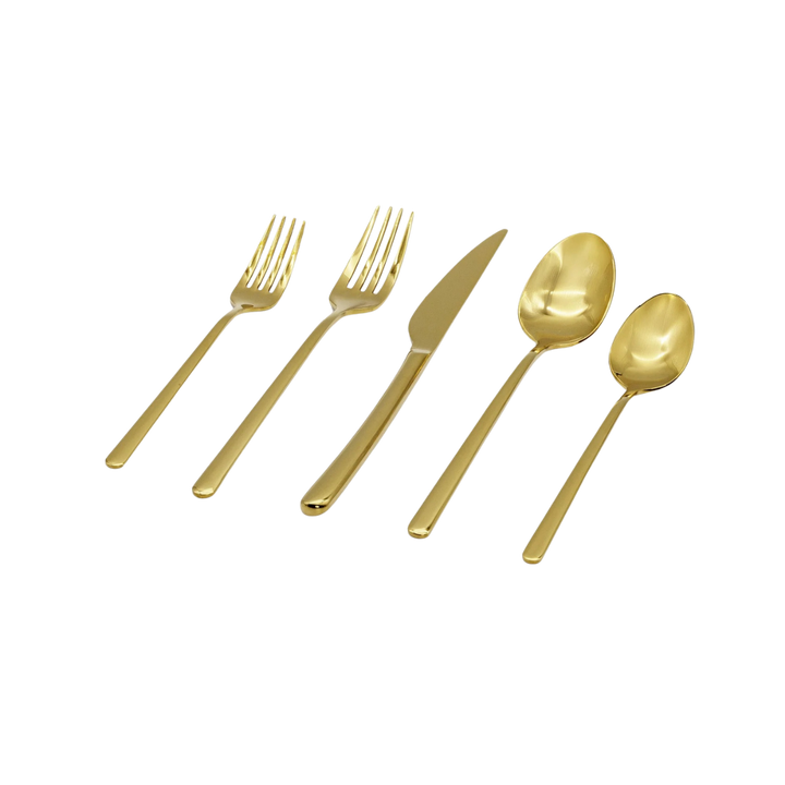 Five-piece gold-colored flatware set including a dinner fork, salad fork, knife, soup spoon, and teaspoon, arranged diagonally on a plain white background.