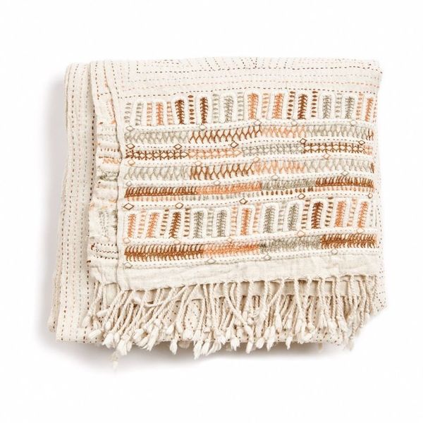 Organic Hand-Embroidered Cotton Throw, 83" x 43"