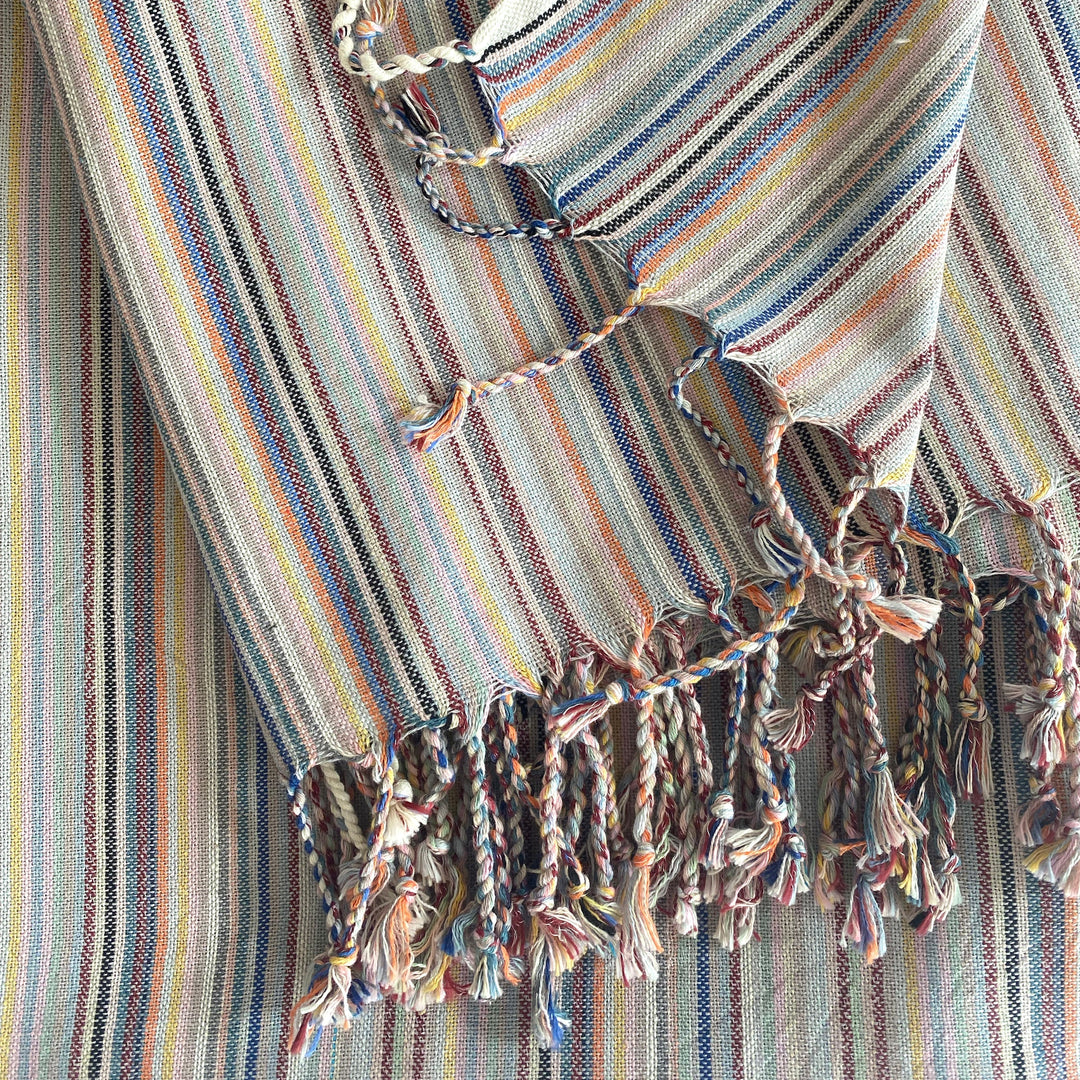 Recycled Cotton Striped Turkish Throw Blanket, Beige