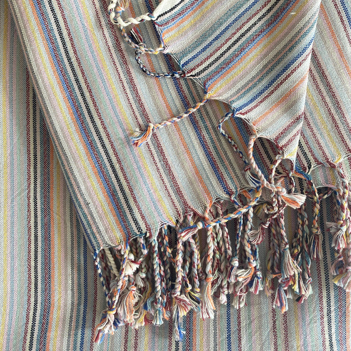 Recycled Cotton Striped Turkish Throw Blanket, Beige