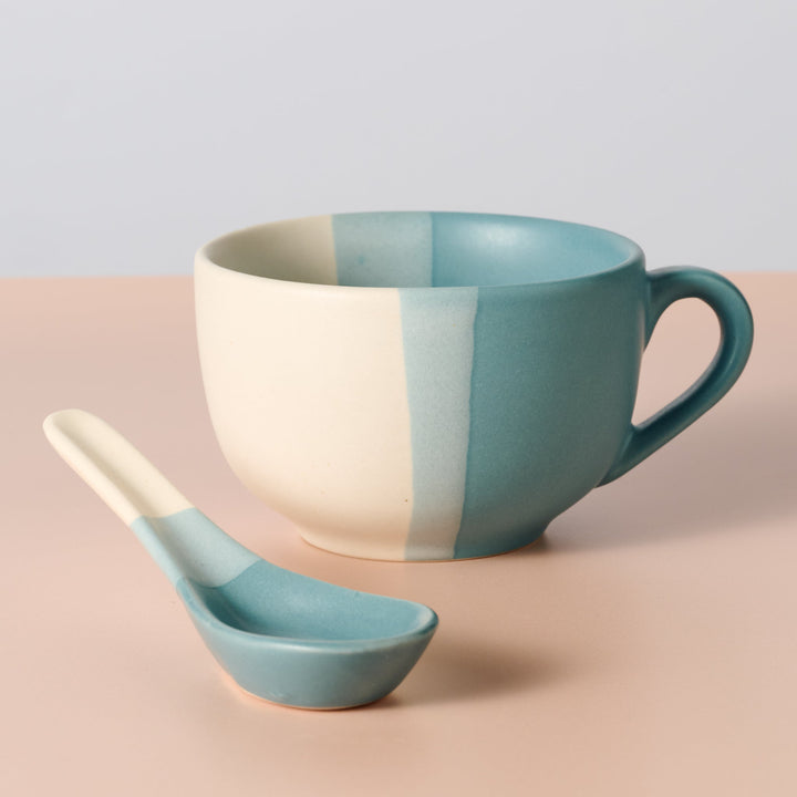Handcrafted Striped Ceramic Mug with Spoon, 20 oz.
