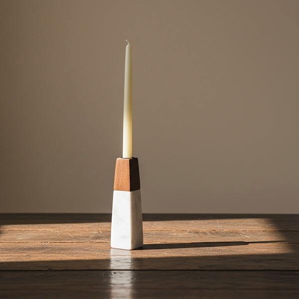 Handcrafted Marble &amp; Acacia Wood Tapered Candleholder