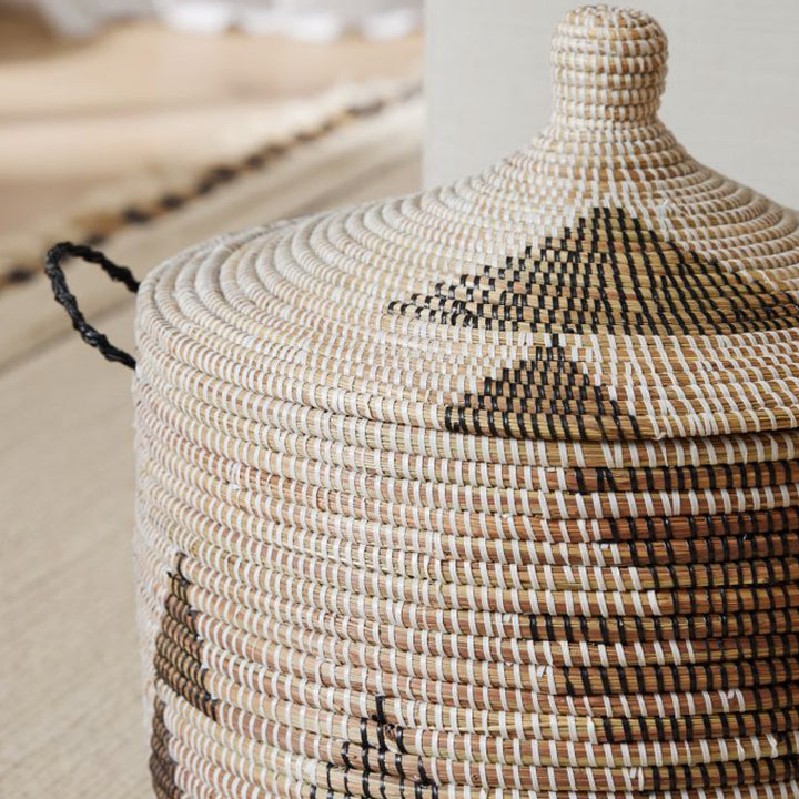 Handwoven Millet Grass Storage Basket, Black &amp; White, Large