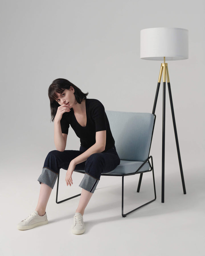 Energy-Efficient Linen Tripod Floor Lamp, Black &amp; Gold