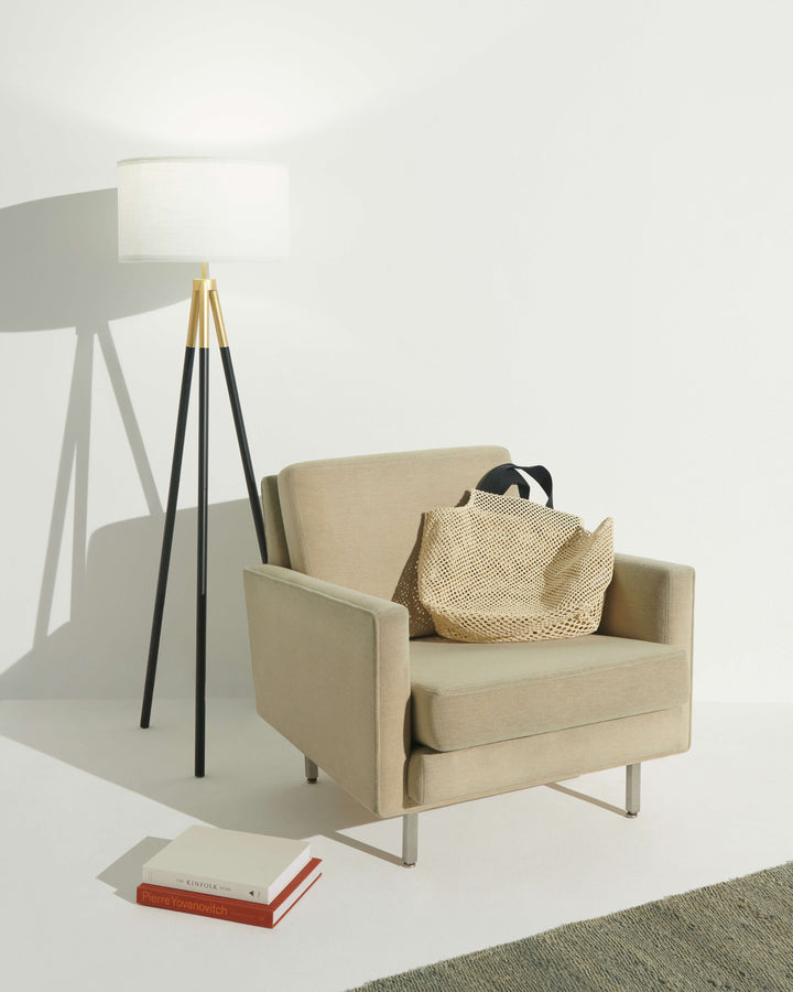 Energy-Efficient Linen Tripod Floor Lamp, Black &amp; Gold