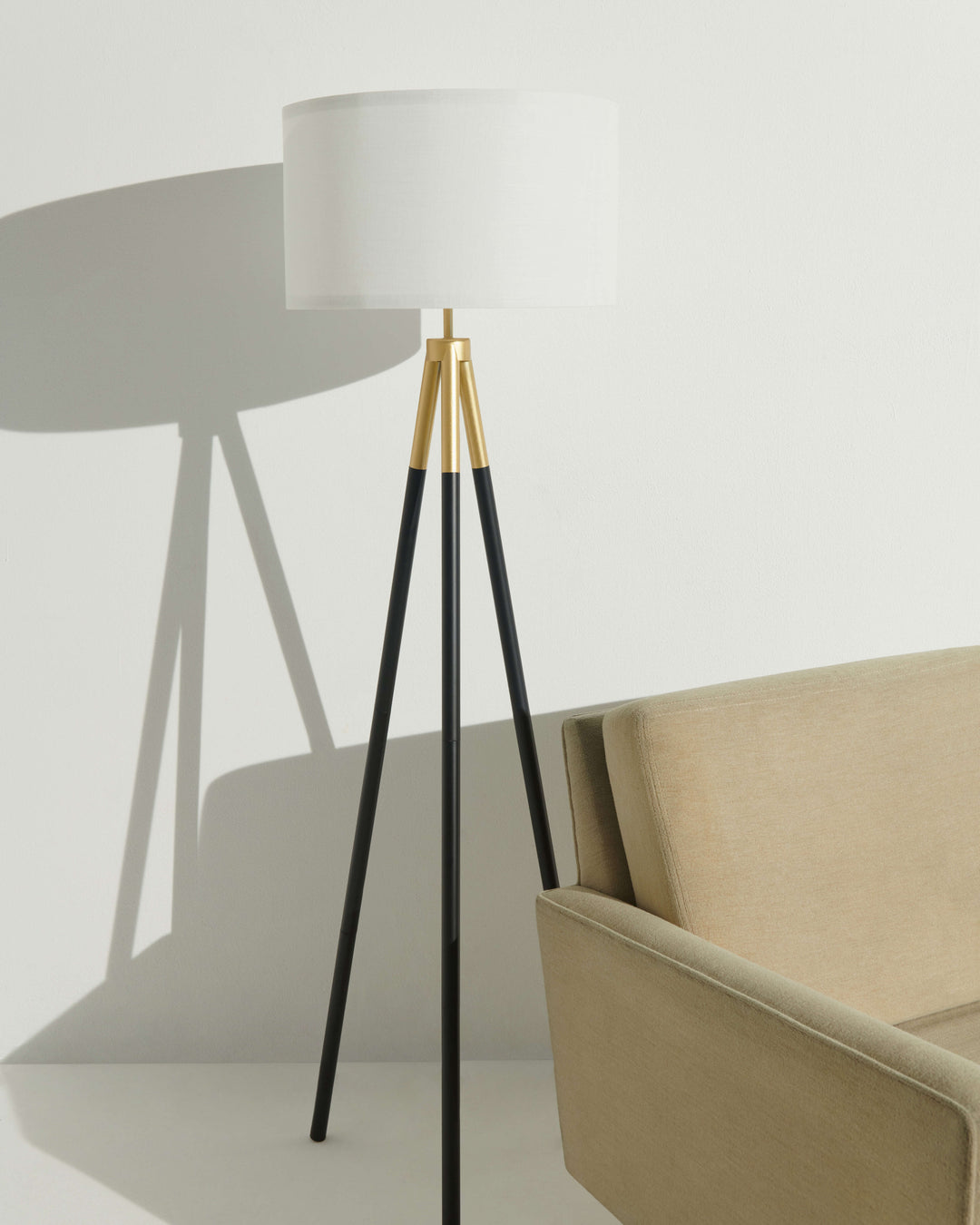 Energy-Efficient Linen Tripod Floor Lamp, Black &amp; Gold