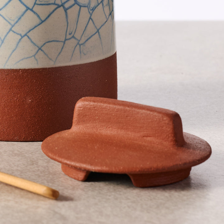 Handcrafted Terracotta Honey Pot with Blue Crackle Lid