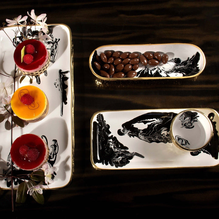 Handcrafted Gold-Plated Enamel Serving Tray, Black &amp; White