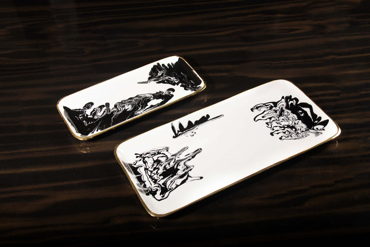 Handcrafted Gold-Plated Enamel Serving Tray, Black &amp; White