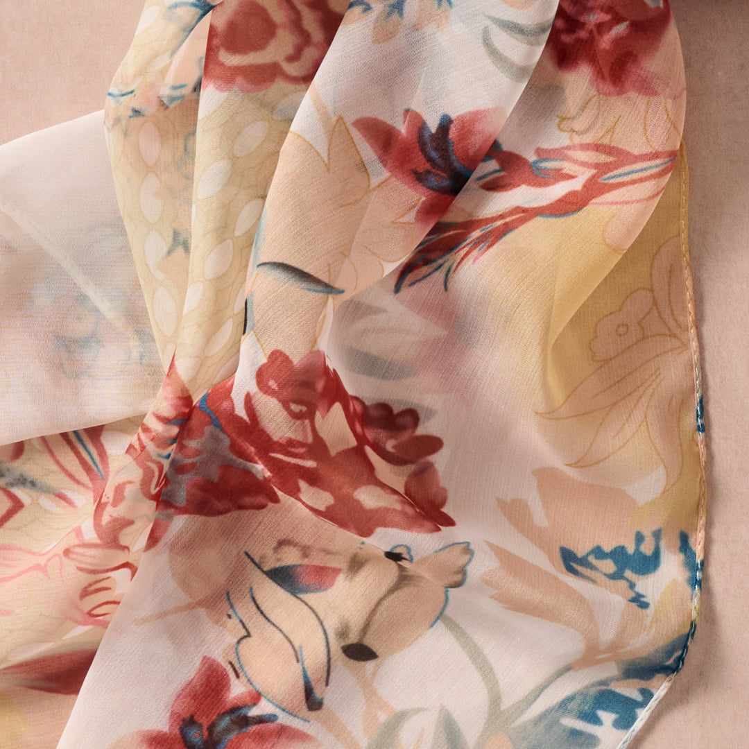 Handcrafted Floral Chiffon Scarf, Blue &amp; Red