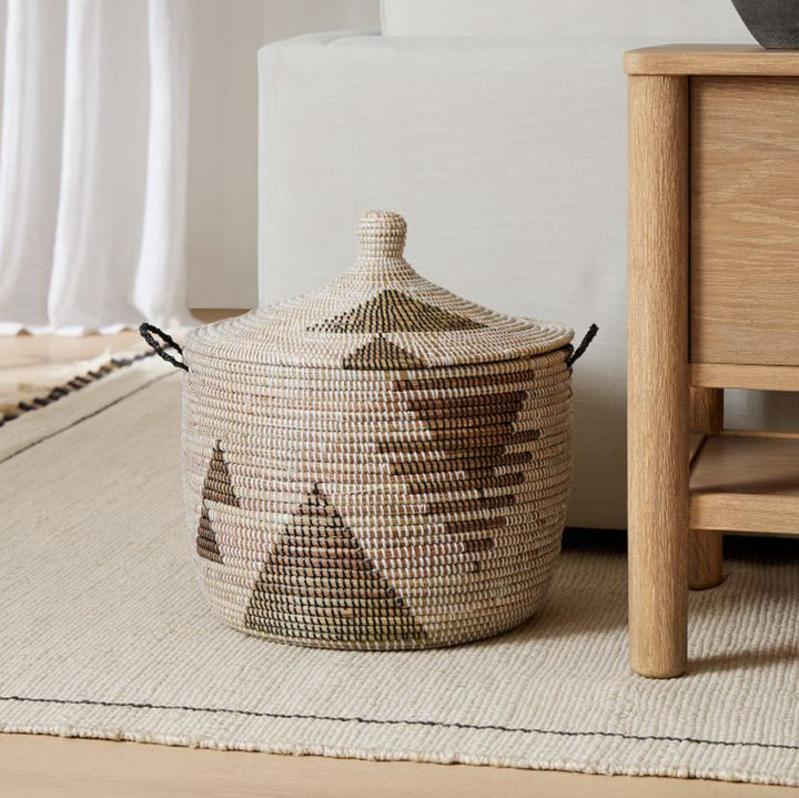 Handwoven Millet Grass Storage Basket, Black &amp; White, Large