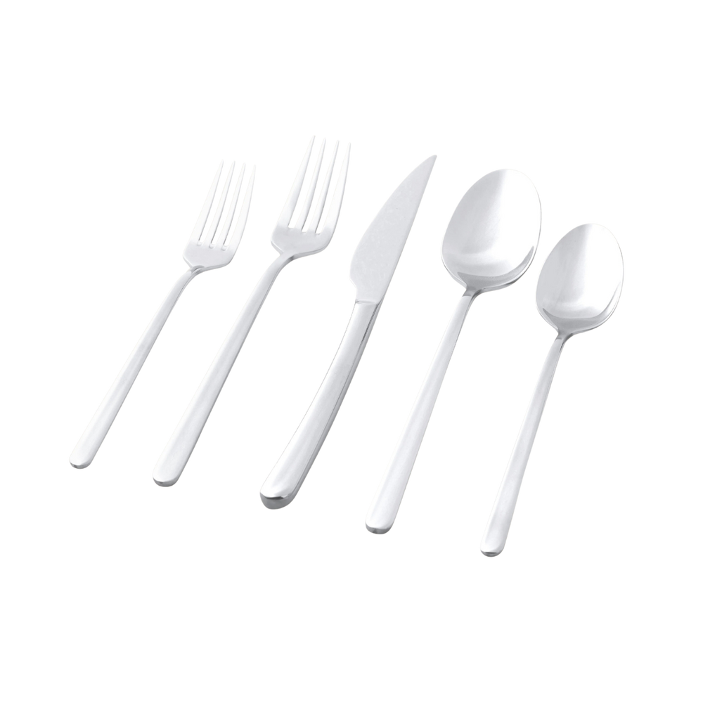 A five-piece stainless steel cutlery set with a fork, knife, and two spoons, arranged diagonally on a plain white background.
