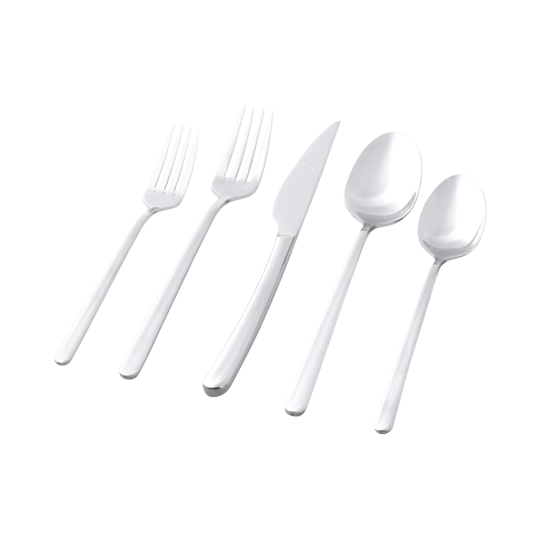 A five-piece stainless steel cutlery set with a fork, knife, and two spoons, arranged diagonally on a plain white background.