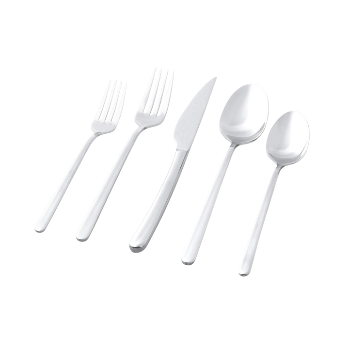 A five-piece stainless steel cutlery set with a fork, knife, and two spoons, arranged diagonally on a plain white background.