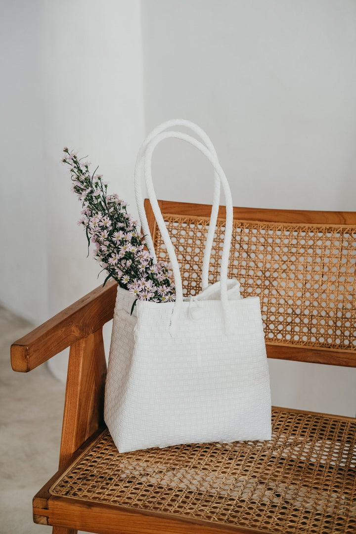Handwoven Recycled Plastic Tote Bag, Coconut White