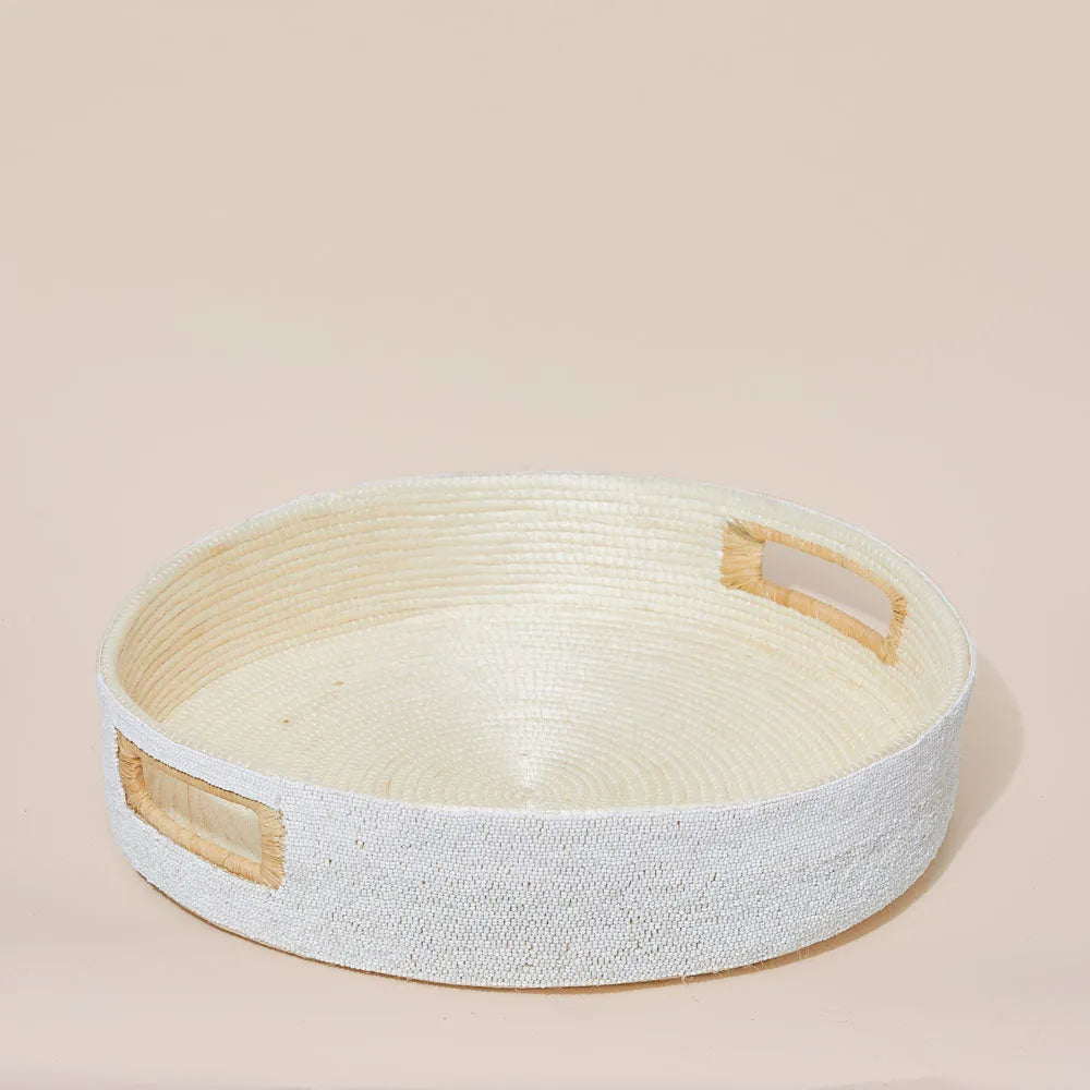 White Beaded Raffia Serving Tray
