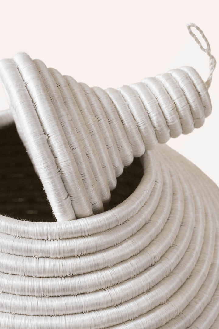 Handcrafted White Sisal Round Lidded Basket, 17" W