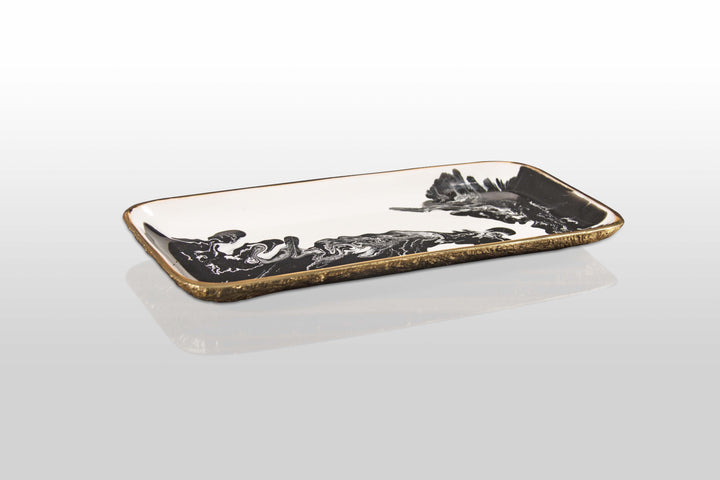 Handcrafted Gold-Plated Enamel Serving Tray, Black &amp; White