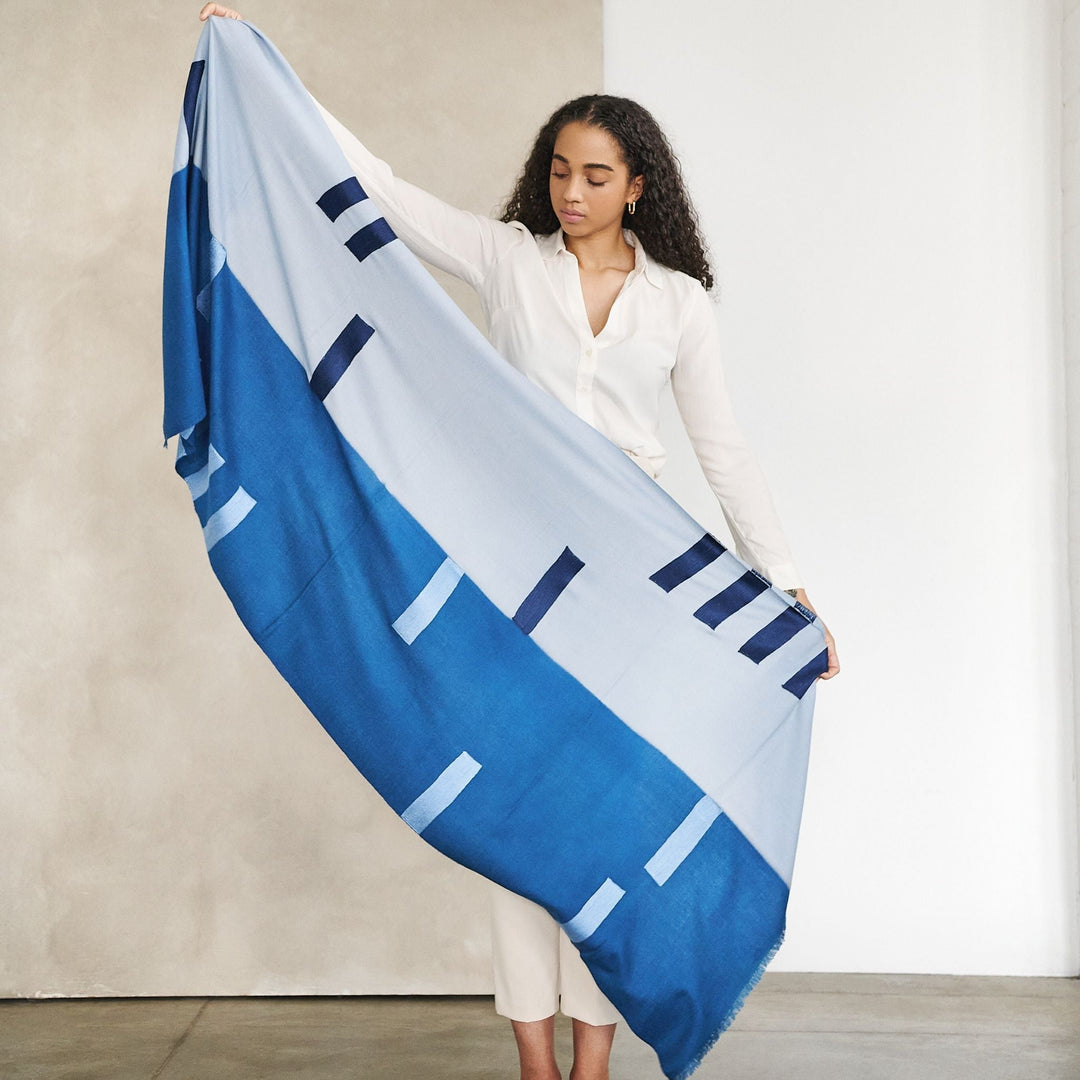 Handcrafted Wool Silk Scarf, Ombre Harbor Blue, 28" x 80"