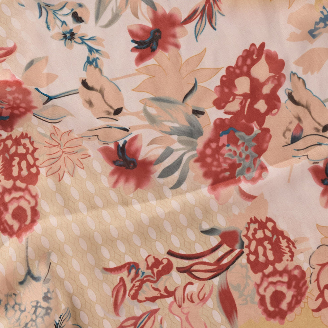 Handcrafted Floral Chiffon Scarf, Blue &amp; Red