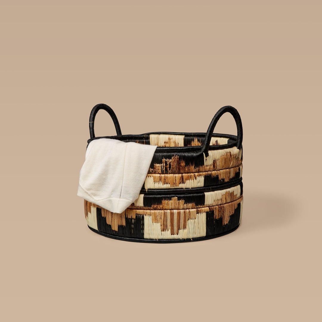 Handcrafted Banana Leaf Floor Basket, Black 16"