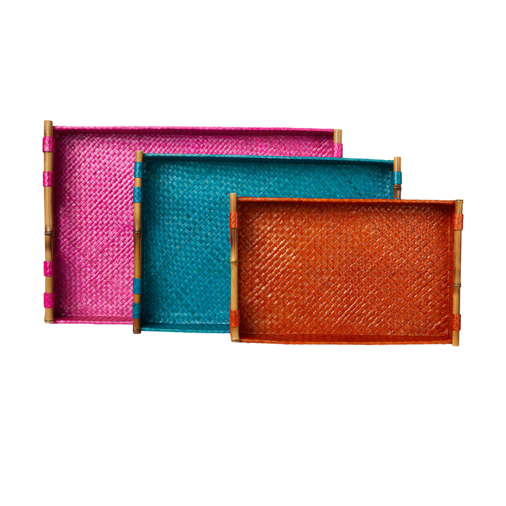 Handcrafted Pandanus &amp; Bamboo Decorative Tray Set, 3 Ct.